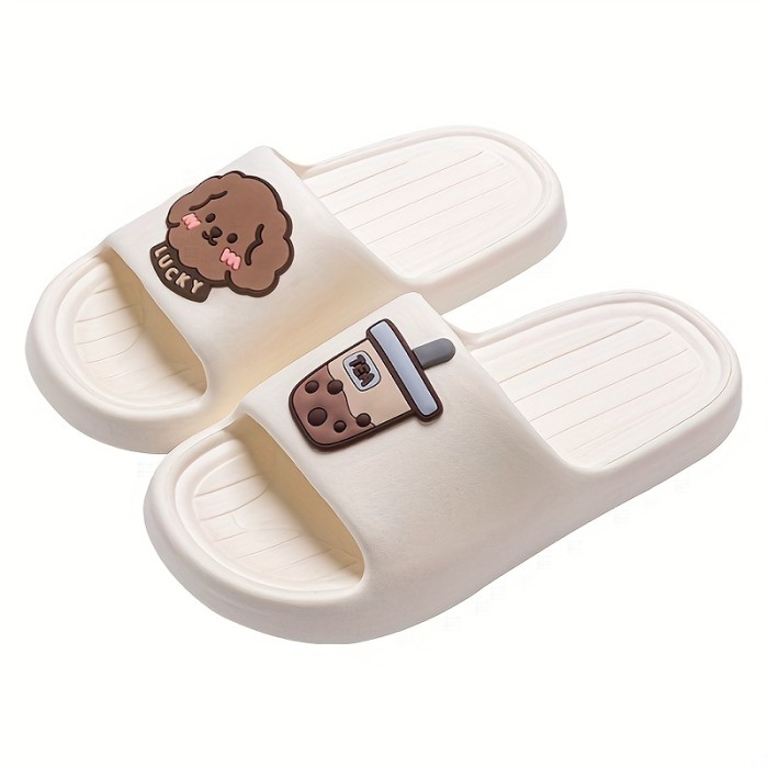 Women's Kawaii Indoor Slides, Puppy & Milk Tea Pattern Soft Sole EVA Shoes, Indoor Bath Non Slip Slides