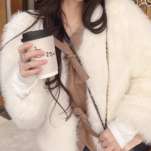 Contrast Trim Teddy Coat, Versatile Long Sleeve Faux Fur Outwear For Winter, Women's Clothing