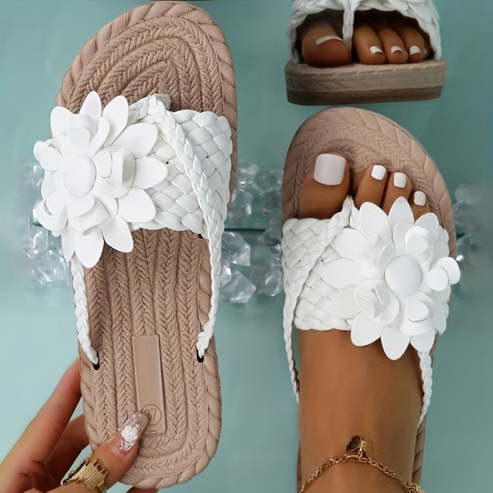 Women's Flower Flat Flip Flops, Boho Style Braided Band Open Toe Shoes, Casual Non Slip Slides