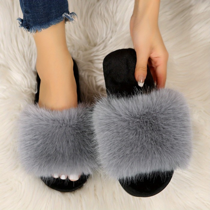 Fluffy Furry Indoor Slippers, Open Toe Plush Sole Flat House Shoes, Comfy Warm Home Slippers