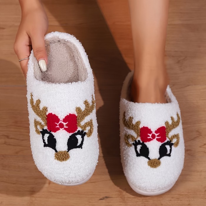 Cartoon Christmas Deer Print Slippers, Slip On Round Toe Non-slip Fuzzy Warm Home Slippers, Plush Cozy Indoor Shoes