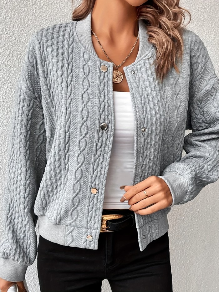 Solid Cable Knit Bomber Jacket, Casual Button Front Long Sleeve Outerwear, Women's Clothing