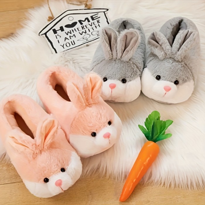 Cute Cartoon Bunny Plush Slippers, Cozy & Warm Slip On Fuzzy Shoes, Winter Home Novelty Slippers