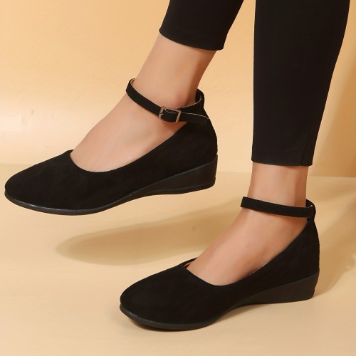 Women's Wedge Heel Ankle Strap Shoes, Solid Color Soft Sole Anti-skid Shoes, Versatile Low Heels