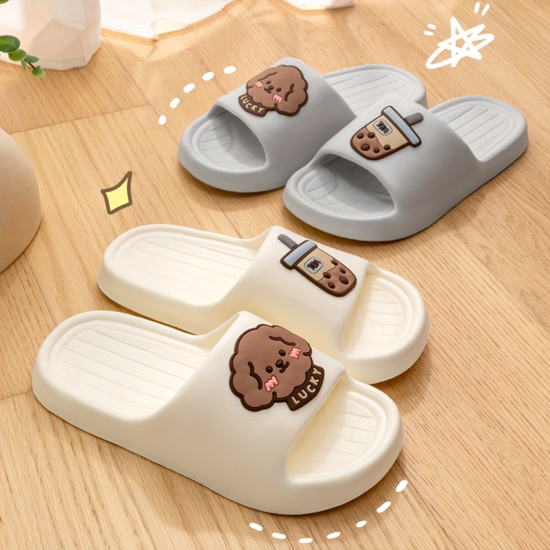 Women's Kawaii Indoor Slides, Puppy & Milk Tea Pattern Soft Sole EVA Shoes, Indoor Bath Non Slip Slides