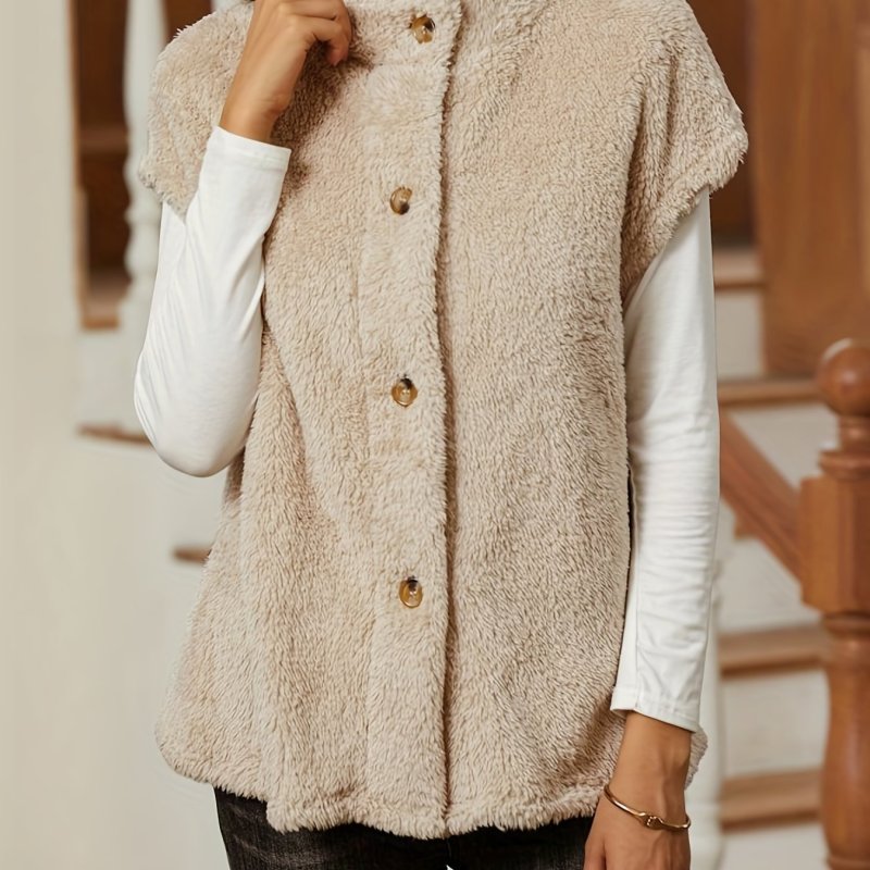 Button Front Teddy Vest, Casual Solid Winter Warm Vest, Women's Clothing
