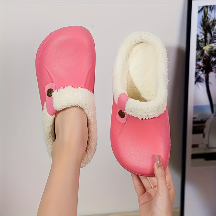 Women's Warm Plush Lined Home Slippers, Waterproof & Anti-Slip House Slippers, Winter Garden Clogs