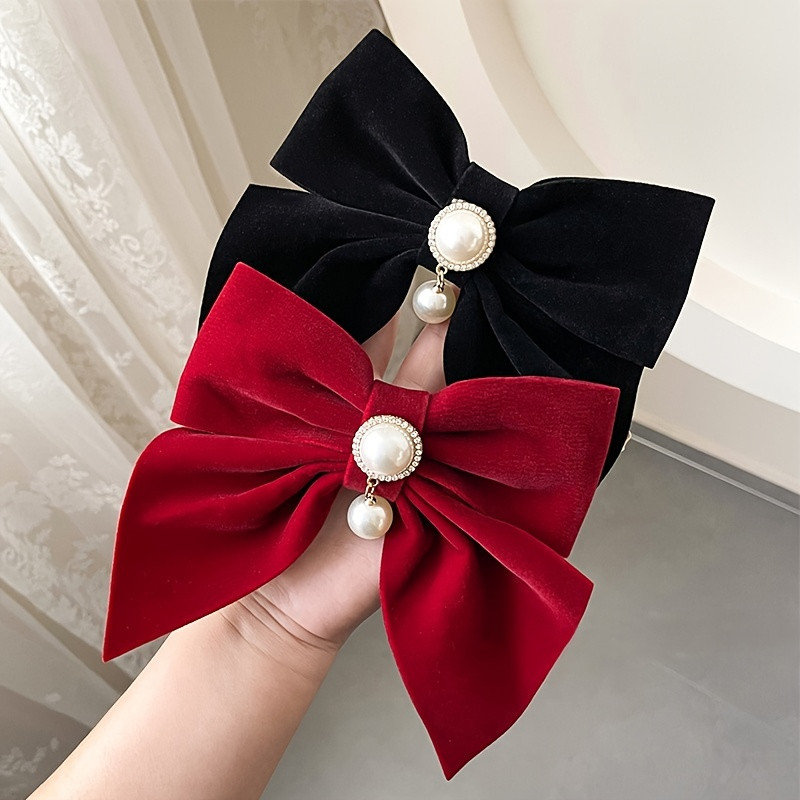 2pcs Vintage Big Hair Bow Clips, Velvet Faux Pearl Hair Pins With Large Ribbon Bow Hair Barrettes For Party Hair Accessories Gift Girls Women