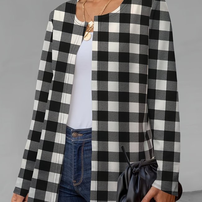 Houndstooth Print Open Front Jacket, Casual Long Sleeve Versatile Outerwear, Women's Clothing