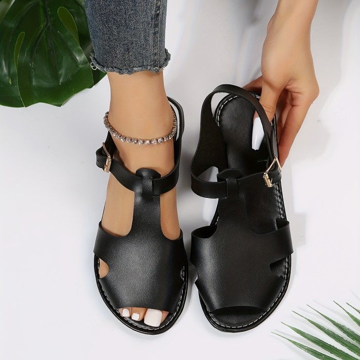 Women's Solid Color Flat Sandals, Lightweight Open Toe Buckle Strap Shoes, Women's Fashion Summer Shoes