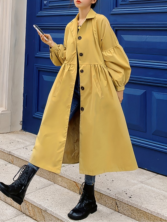 Single Breasted Ruched Trench Coat, Elegant Long Sleeve Solid Outerwear, Women's Clothing