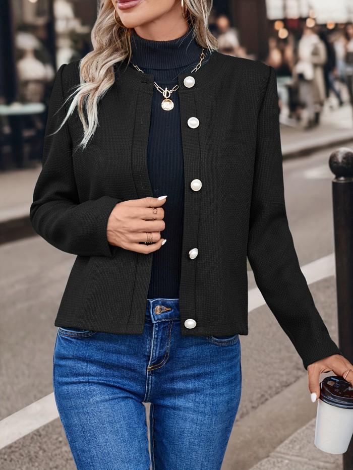 Button Front Crew Neck Jacket, Elegant Solid Long Sleeve Outerwear, Women's Clothing