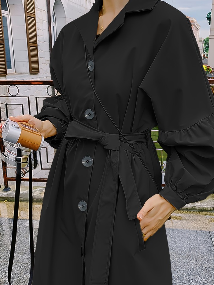 Single Breasted Ruched Trench Coat, Elegant Long Sleeve Solid Outerwear, Women's Clothing