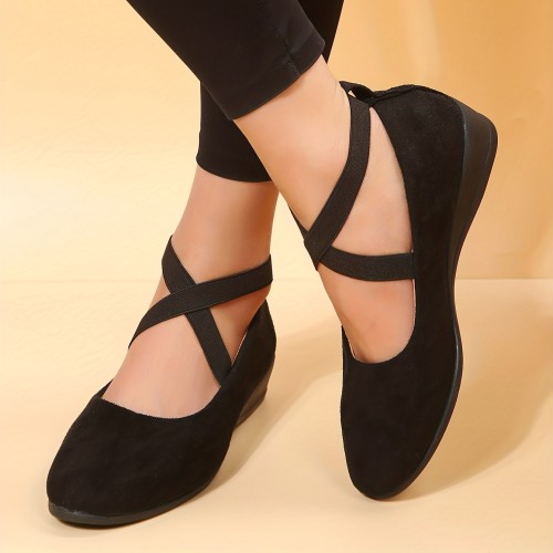 Women's Cross Strap Wedge Heels, Comfy Round Toe Slip On Shoes, Versatile Strappy Shoes