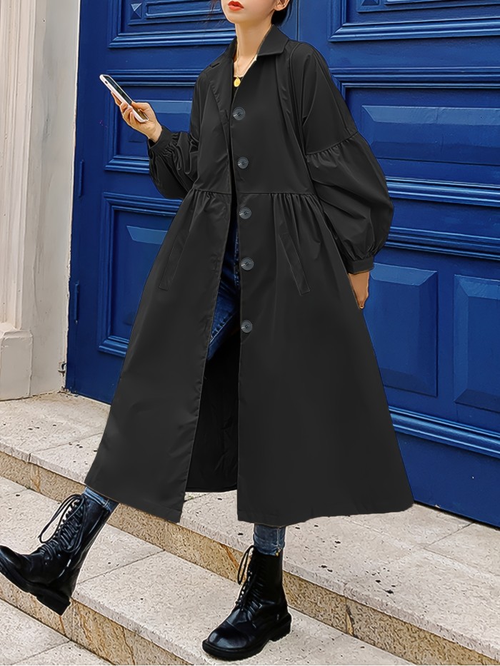 Single Breasted Ruched Trench Coat, Elegant Long Sleeve Solid Outerwear, Women's Clothing