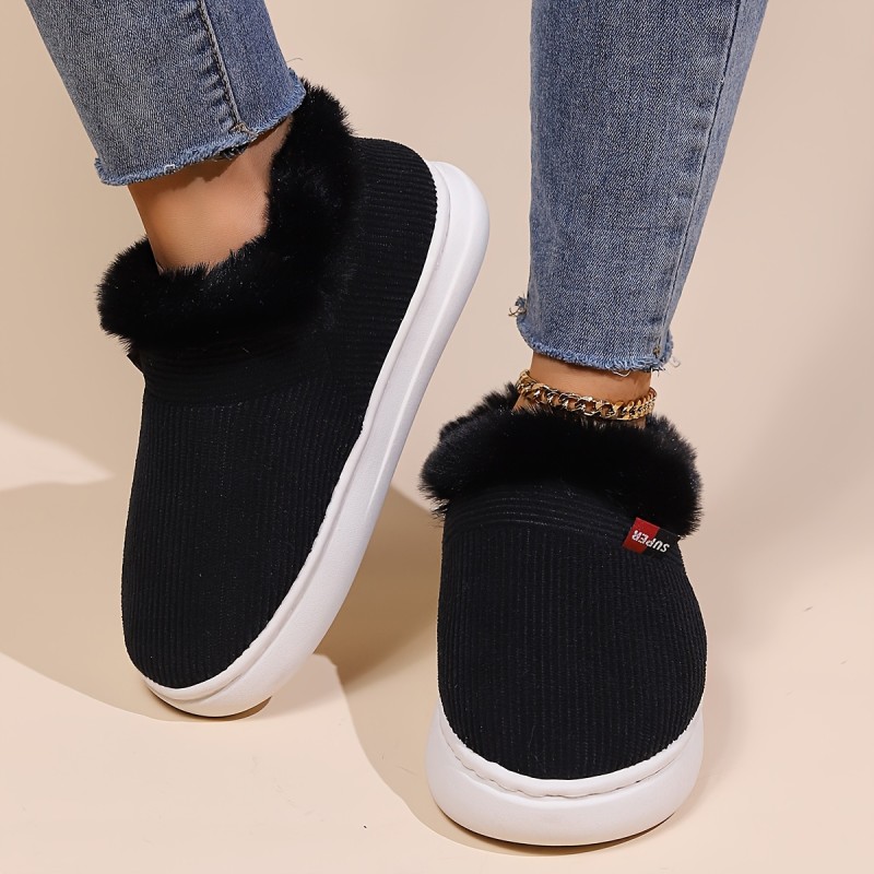Cozy Fluffy Corduroy House Slippers, Winter Super Warm Slip On Plush Lined Shoes, Cozy Fuzzy Home Slippers