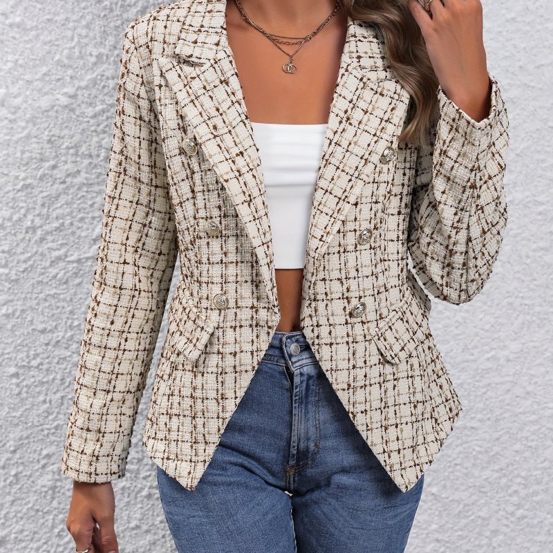 Double Breasted Decor Open Front Blazer, Elegant Lapel Slim Long Sleeve Blazer For Office & Work, Women's Clothing