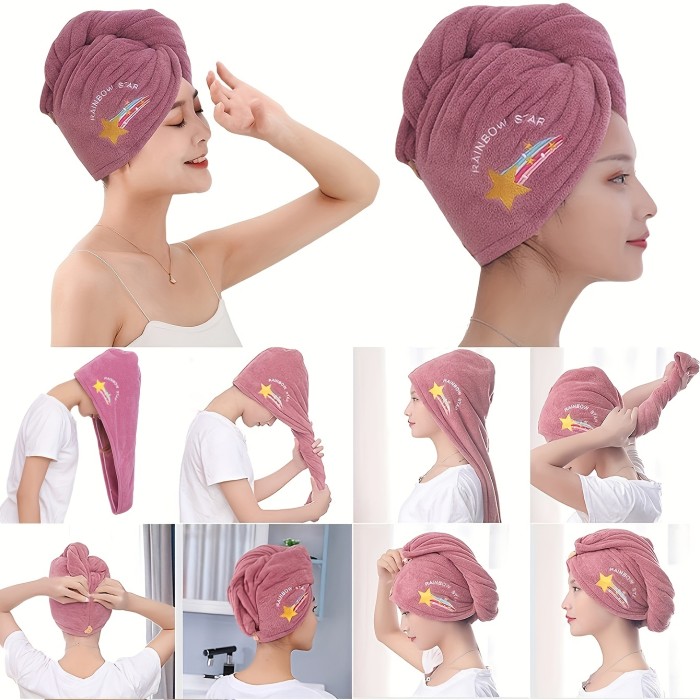1pc Rainbow Embroidered Hair Towel With Button, Soft Hair Drying Cap, Cute Solid Color Hair Towel For Bathroom, Absorbent Quick Drying Hair Wrap Towel For Women, Bathroom Supplies