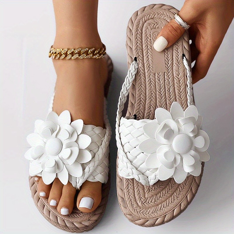 Women's Flower Flat Flip Flops, Boho Style Braided Band Open Toe Shoes, Casual Non Slip Slides