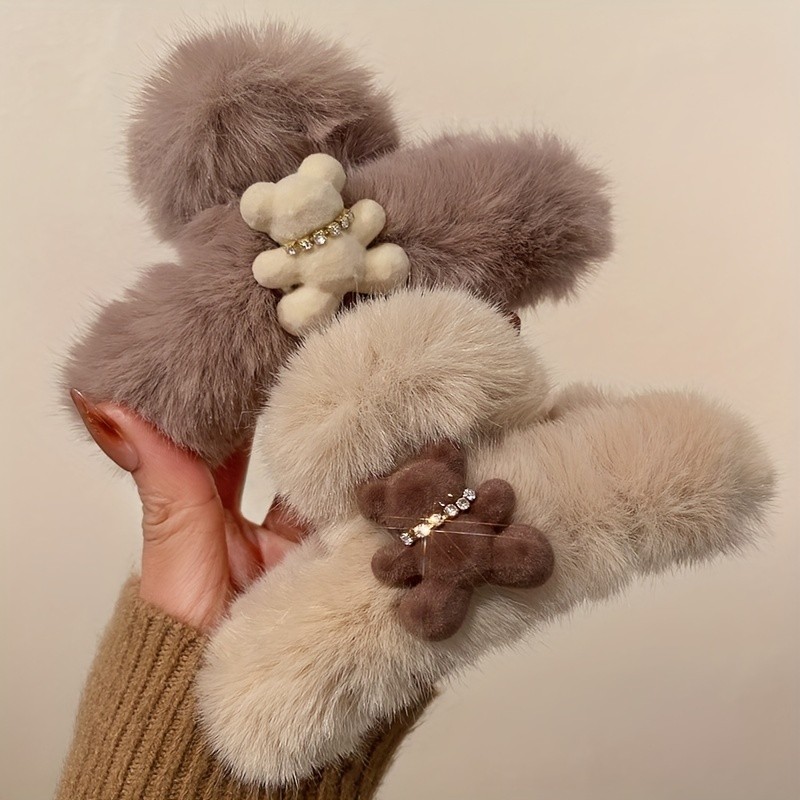 1\u002F2\u002F3 Pcs Cute Plush Hair Clip With Bear Decor, Fashionable Elegant Strong Hold Hair Claw For Thick Curly Straight Hair, Cute Plush Clip Styling Accessories For Women Girls