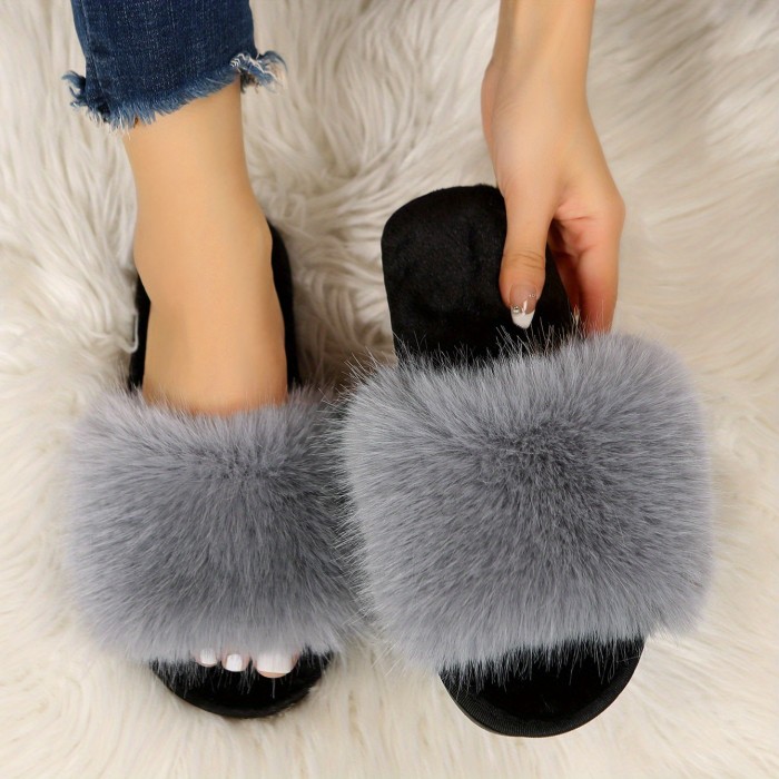 Fluffy Furry Indoor Slippers, Open Toe Plush Sole Flat House Shoes, Comfy Warm Home Slippers