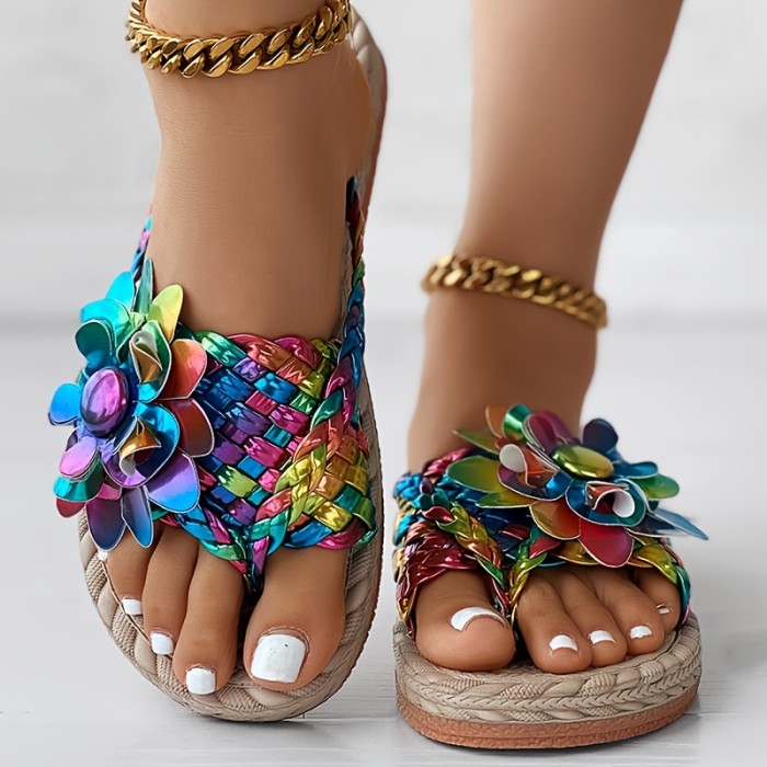 Women's Colorful Floral Decor Thong Sandals, Slip On Open Toe Non-slip Lightweight Shoes, Vacation Summer Beach Shoes