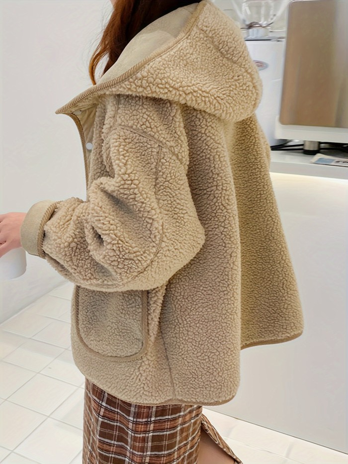 Solid Hooded Teddy Coat, Casual Button Front Long Sleeve Winter Outerwear, Women's Clothing