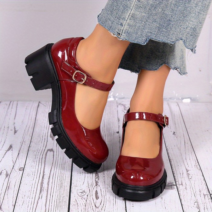 Women's Chunky Heel shoes, Solid Color Round Toe Buckle Strap Patent Leather Shoes, Versatile Dress Mid Heels