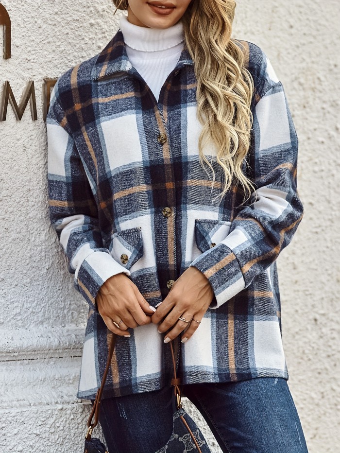 Plaid Print Shacket Jacket, Casual Button Front Long Sleeve Outerwear, Women's Clothing