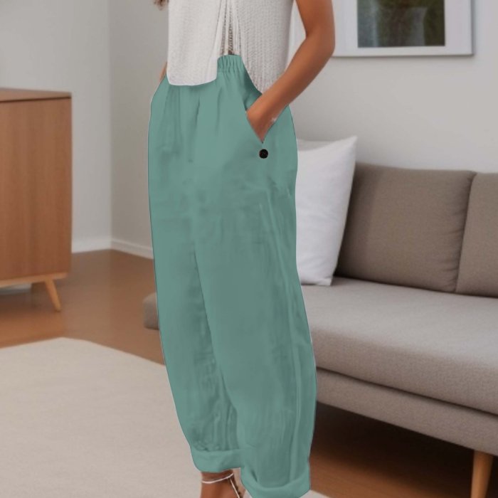 Minimalist Solid Versatile Pants, Casual Wide Leg Elastic Waist Summer Pants, Women's Clothing