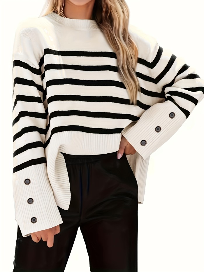 Striped Crew Neck Pullover Sweater, Casual Long Sleeve Split Hem Sweater, Women's Clothing