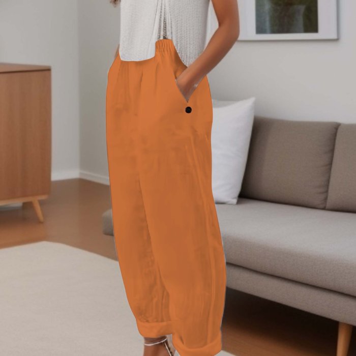 Minimalist Solid Versatile Pants, Casual Wide Leg Elastic Waist Summer Pants, Women's Clothing
