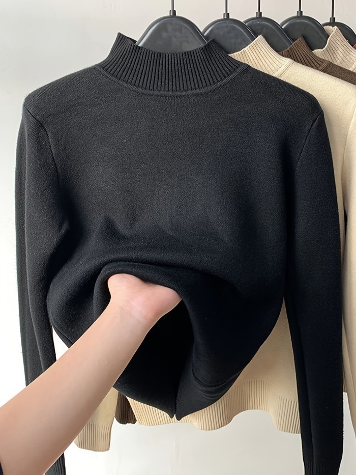 Solid Turtle Neck Fleece Pullover Sweater, Casual Long Sleeve Slim Thermal Sweater, Women's Clothing