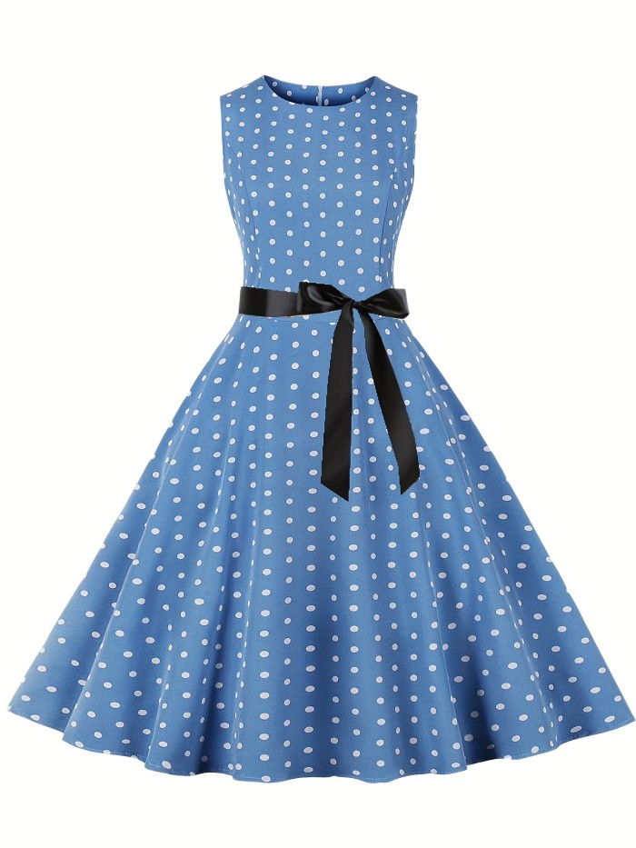 Polka Dot Retro Dress, Sleeveless Vacation Party Dress For Spring & Summer, Women's Clothing