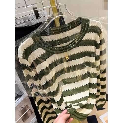 Striped Hollow Crew Neck Knitted Sweater, Casual Long Sleeve Loose Pullover Sweater, Women's Clothing