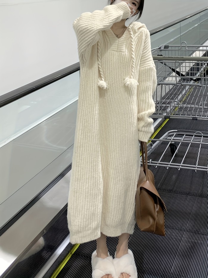 Solid Long Sleeve Hooded Knit Dress, Casual Drawstring Thermal Dress For Fall & Winter, Women's Clothing