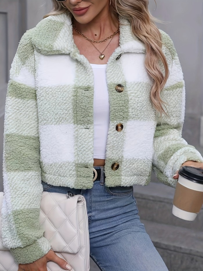 Plaid Teddy Coat, Casual Button Front Long Sleeve Winter Warm Outerwear, Women's Clothing
