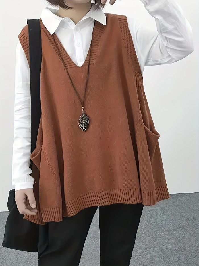 V Neck Loose Midi Knitted Vest, Casual Sleeveless Solid Vest For Fall & Winter, Women's Clothing