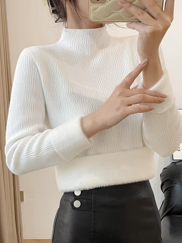 Solid Mock Neck Fleece Sweater, Casual Long Sleeve Thermal Slim Sweater, Women's Clothing
