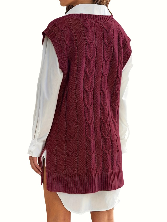 Oversized V Neck Sweater Vest, Chunky Knit Solid Sweater Vest, Women's Clothing
