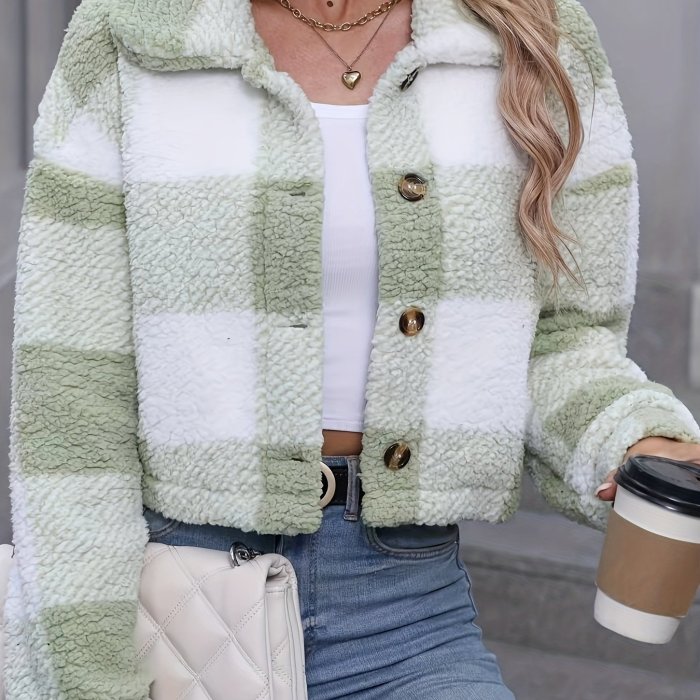 Plaid Teddy Coat, Casual Button Front Long Sleeve Winter Warm Outerwear, Women's Clothing