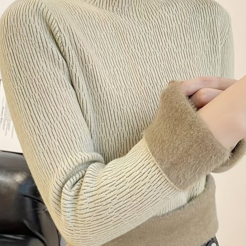 Solid Mock Neck Fleece Sweater, Casual Long Sleeve Thermal Slim Sweater, Women's Clothing