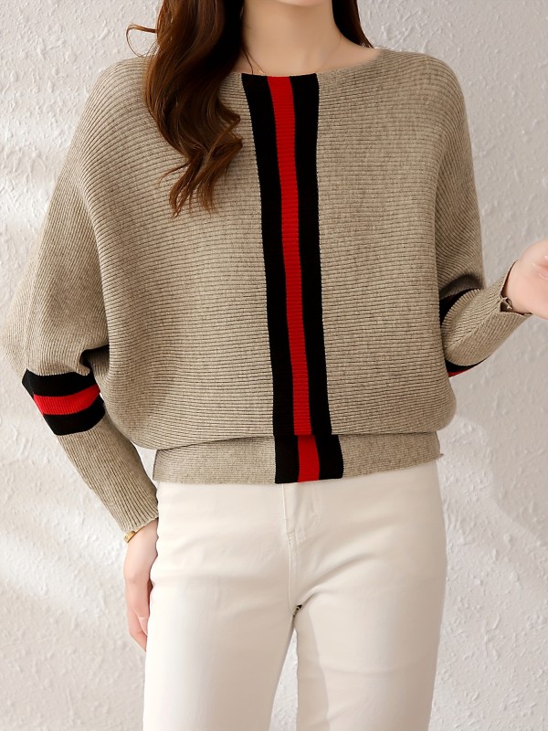 Color Block Boat Neck Knit Sweater, Elegant Long Sleeve Sweater, Women's Clothing