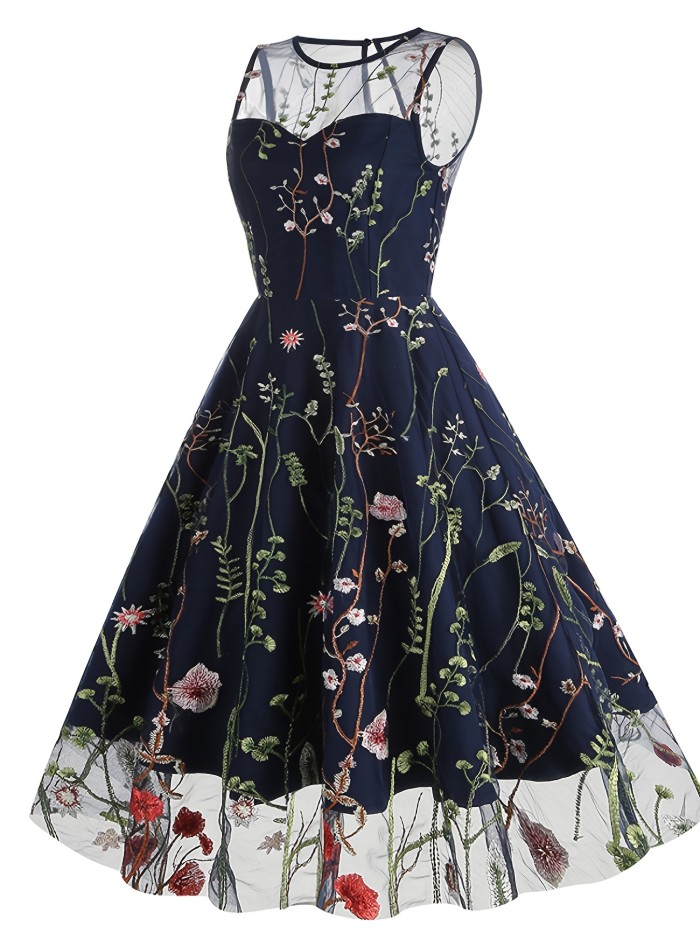 Embroidery Mesh Floral Print Dress, Vintage Sleeveless Ruffle Hem Maxi Dress, Women's Clothing