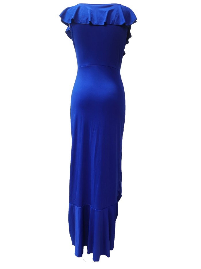 Off Shoulder Ruffle Hem Dress, Elegant Floor Length Asymmetrical Hem Dress For Party, Women's Clothing