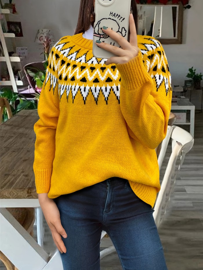 Geo Pattern Crew Neck Pullover Sweater, Casual Long Sleeve Fall Winter Sweater, Women's Clothing