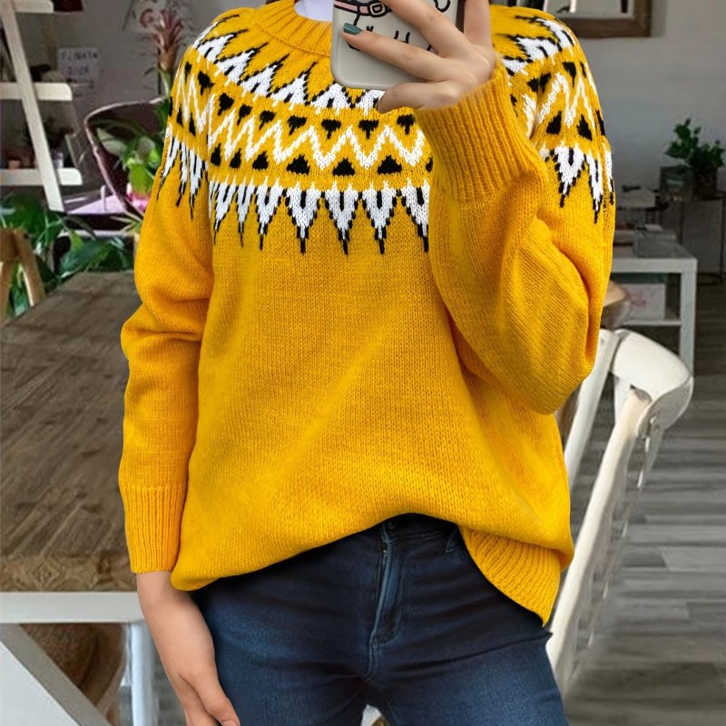 Geo Pattern Crew Neck Pullover Sweater, Casual Long Sleeve Fall Winter Sweater, Women's Clothing