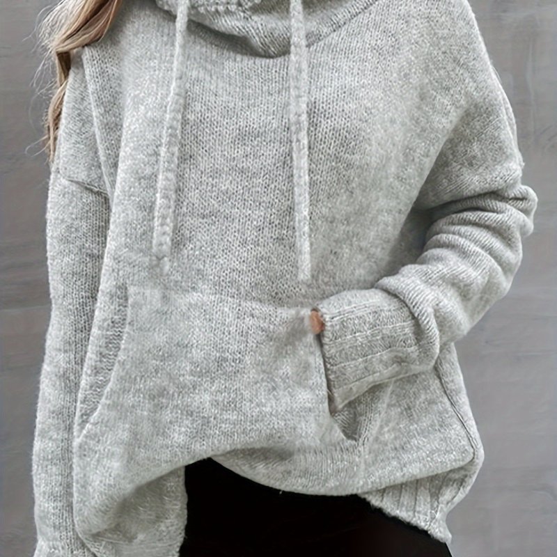 Solid Drawstring Hooded Knit Sweater, Casual Long Sleeve Kangaroo Pocket Sweater, Women's Clothing