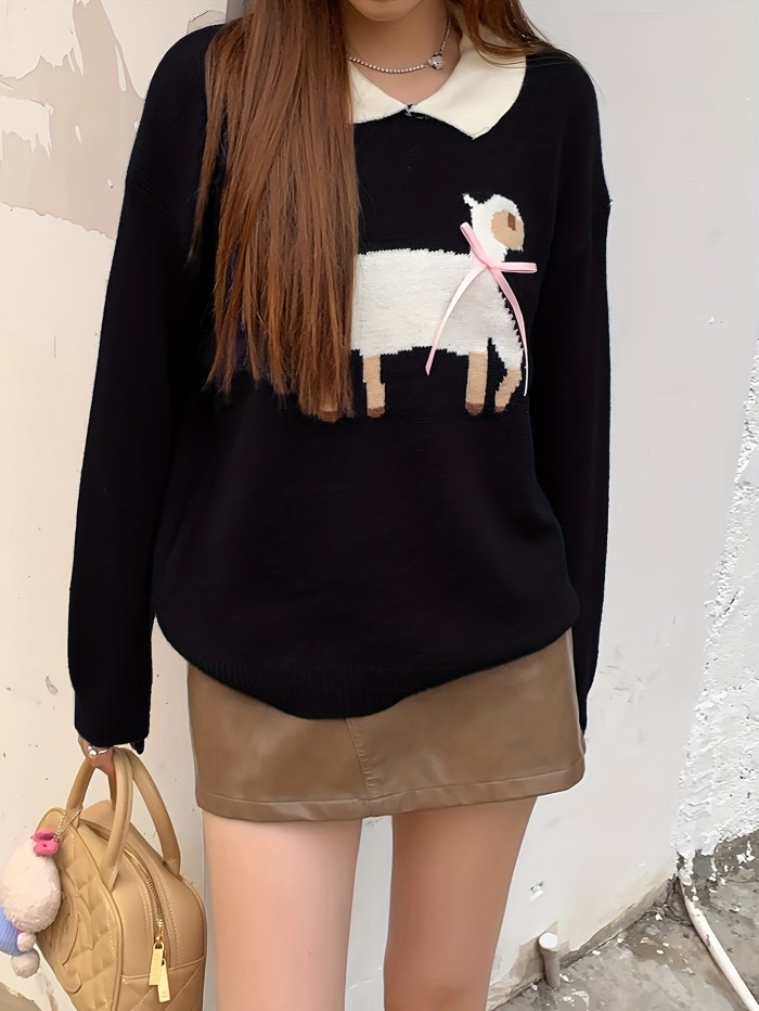 Lamb Pattern Collared Pullover Sweater, Cute Long Sleeve Knit Sweater, Women's Clothing
