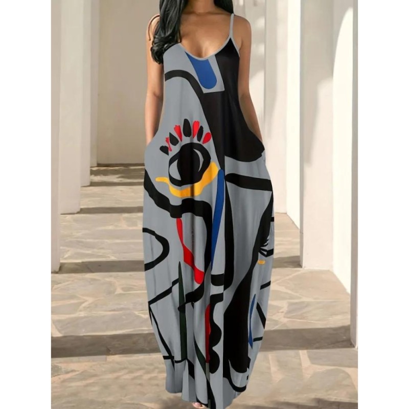 Abstract Oil Painting Print Dress, Casual Sleeveless Summer Maxi Spaghetti Dress, Women's Clothing